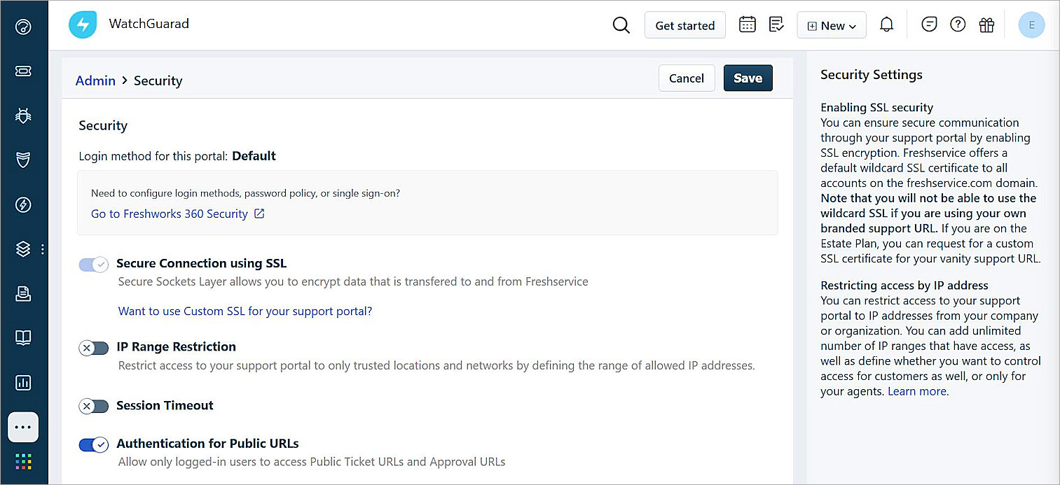 Screenshot of the Security page.